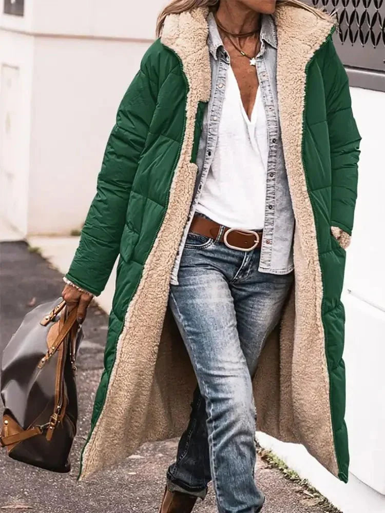 Lange Omkeerbare Fleece Mantel met Capuchon – Warm en Stijlvol voor de Winter