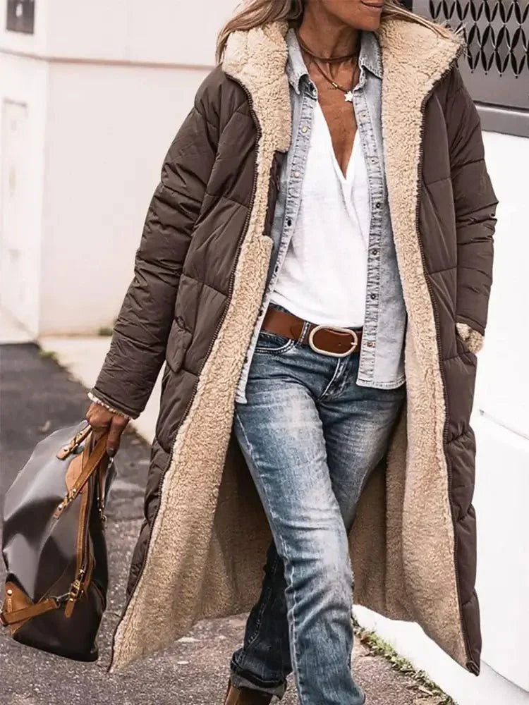 Lange Omkeerbare Fleece Mantel met Capuchon – Warm en Stijlvol voor de Winter