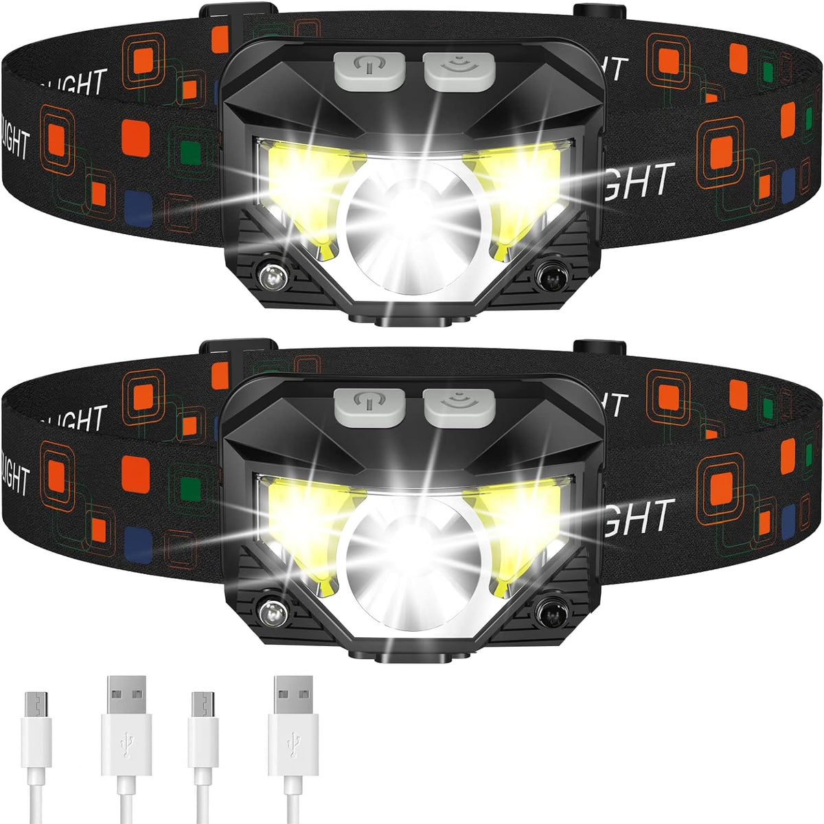 LED hoofdlamp – oplaadbaar, waterbestendig, met bewegingssensor | set van 2 stuks