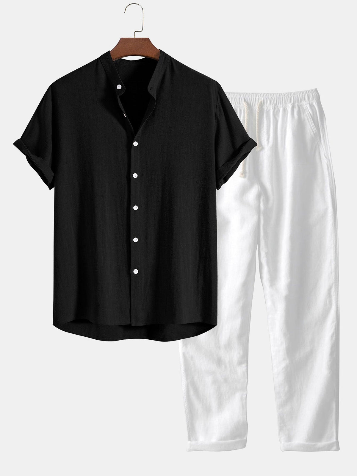 Lichte zomerset voor heren met overhemd met korte mouwen en opstaande kraag en broek