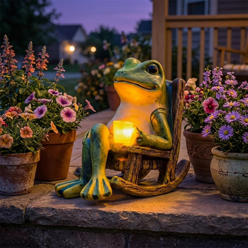 Lichtgevende tuinkikker in schommelstoel