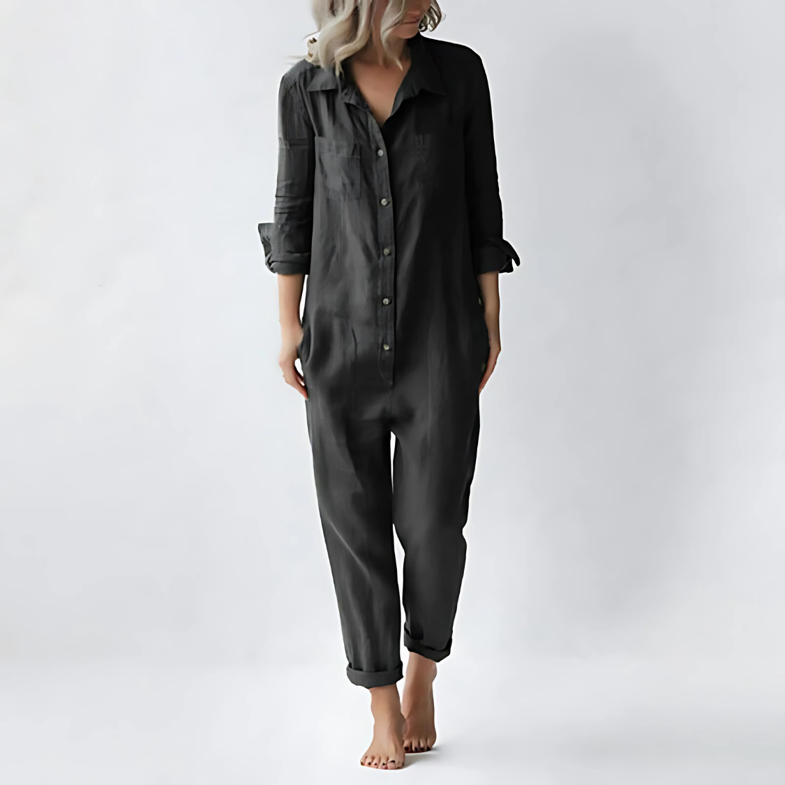 Linnen jumpsuit voor dames in losse pasvorm met knoopsluiting