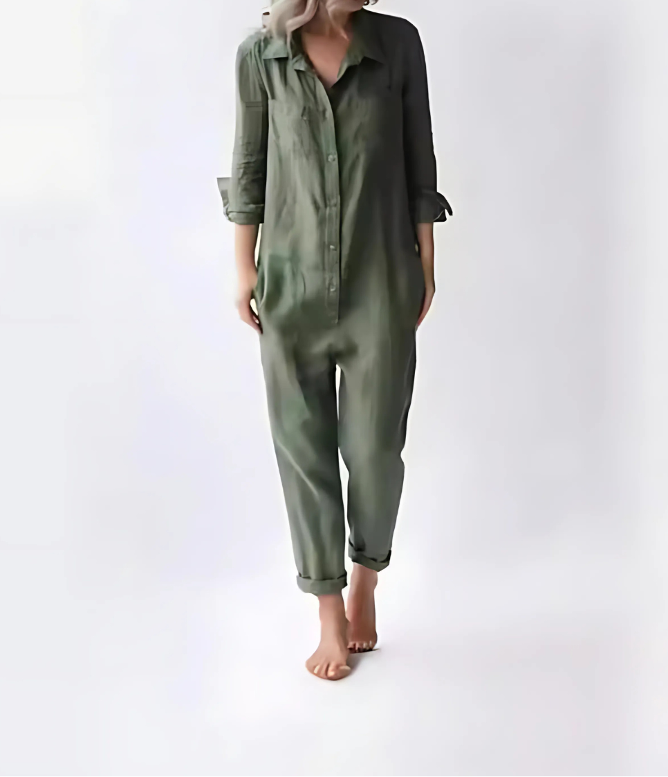 Linnen jumpsuit voor dames in losse pasvorm met knoopsluiting