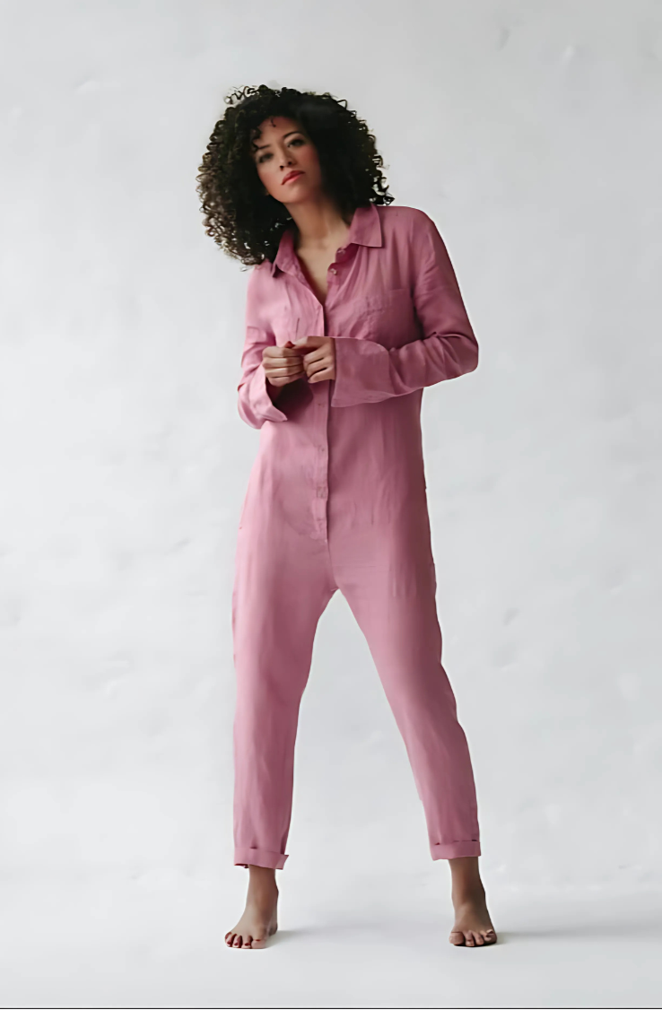 Linnen jumpsuit voor dames in losse pasvorm met knoopsluiting