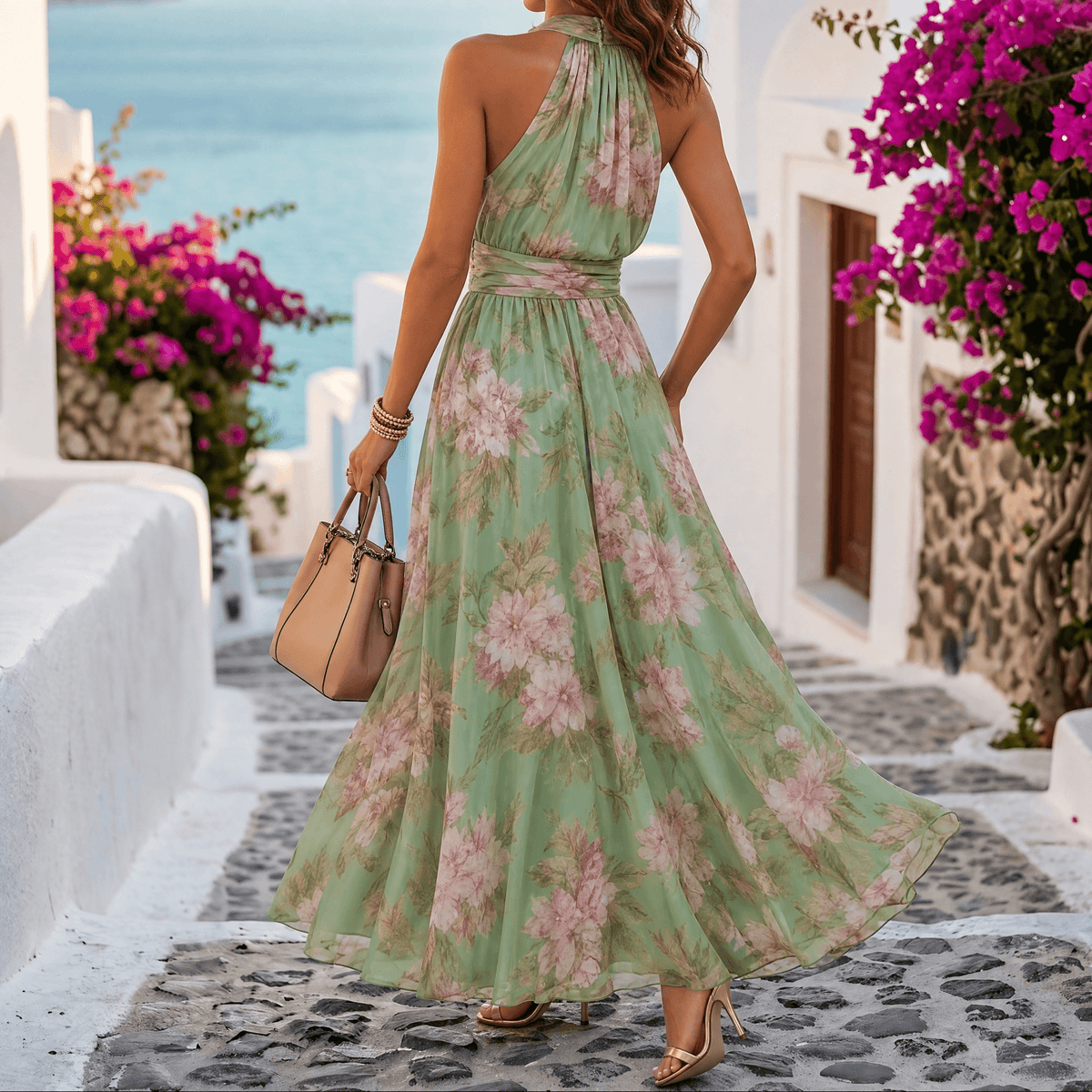 Luchtige zomerse maxi-jurk voor dames met bloemenprint in saliegroen