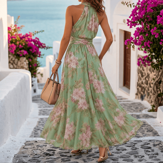 Luchtige zomerse maxi-jurk voor dames met bloemenprint in saliegroen