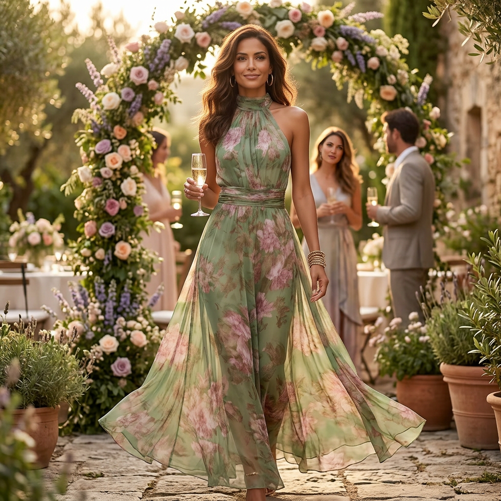 Luchtige zomerse maxi-jurk voor dames met bloemenprint in saliegroen