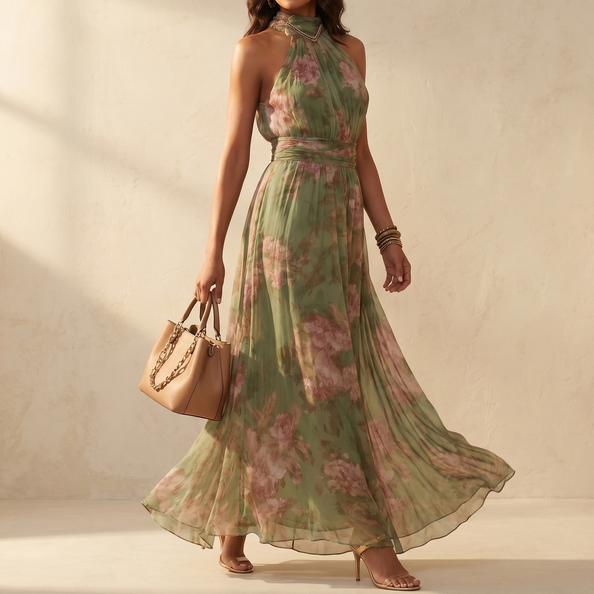 Luchtige zomerse maxi-jurk voor dames met bloemenprint in saliegroen