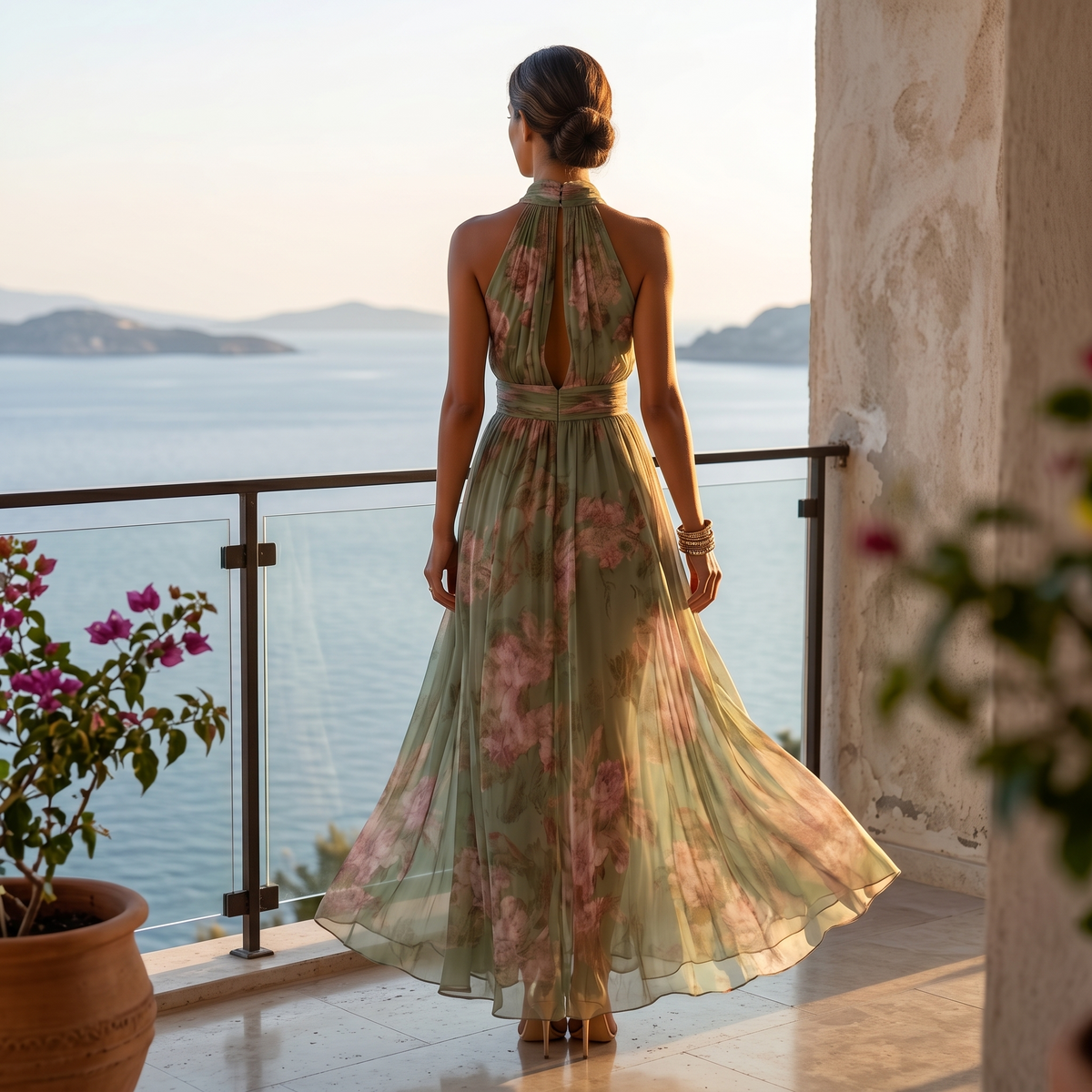 Luchtige zomerse maxi-jurk voor dames met bloemenprint in saliegroen