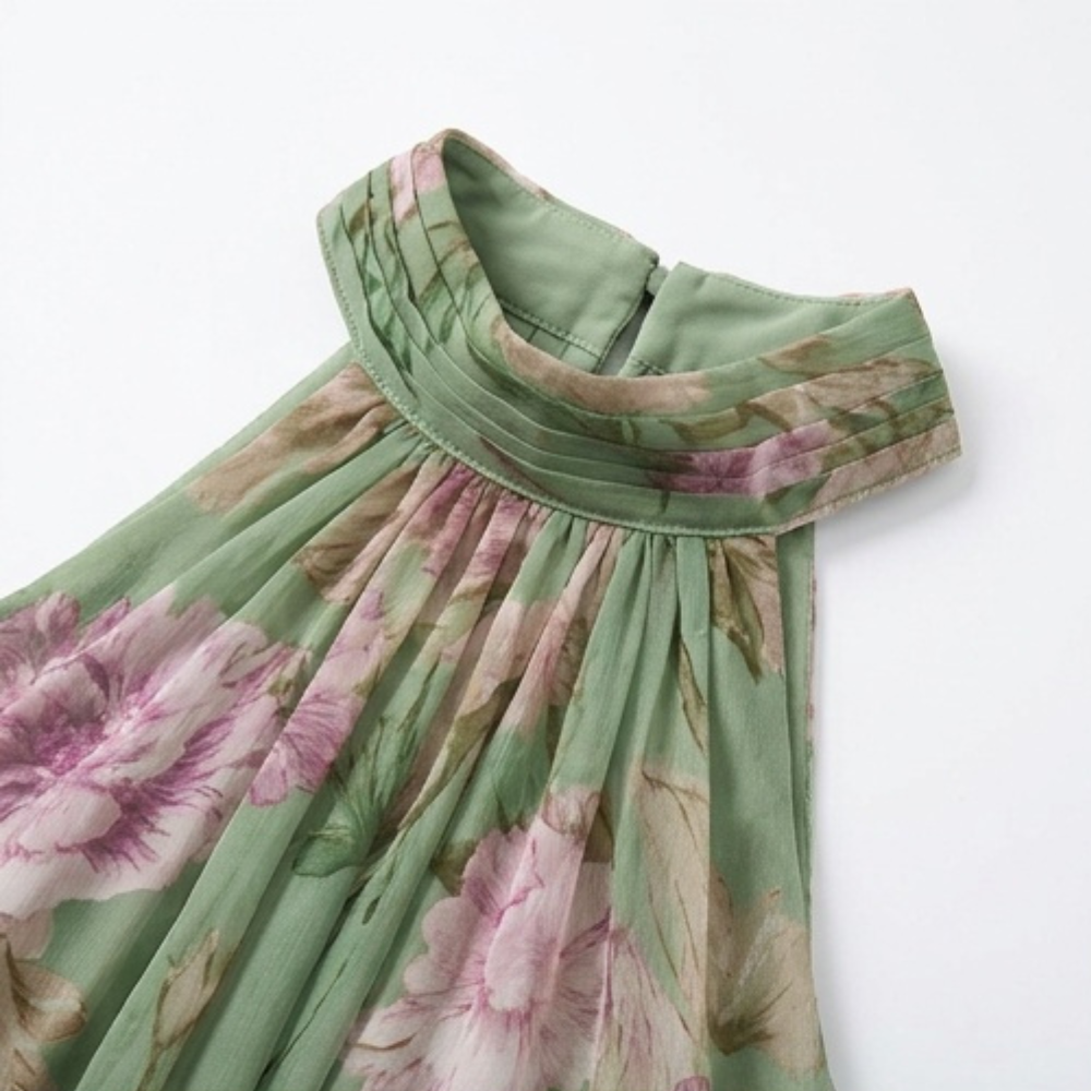 Luchtige zomerse maxi-jurk voor dames met bloemenprint in saliegroen