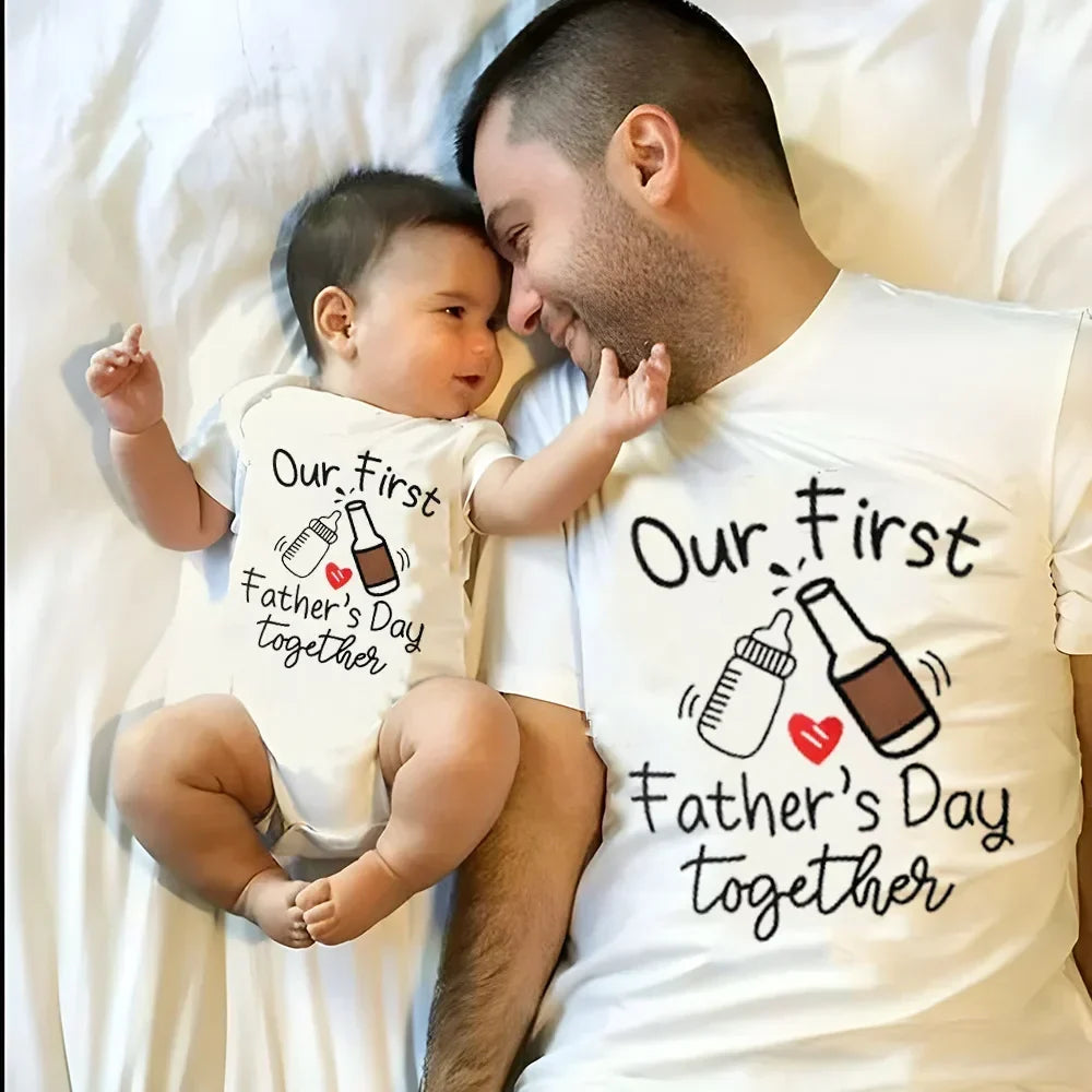 Matching outfits voor vader en baby voor de eerste Vaderdag