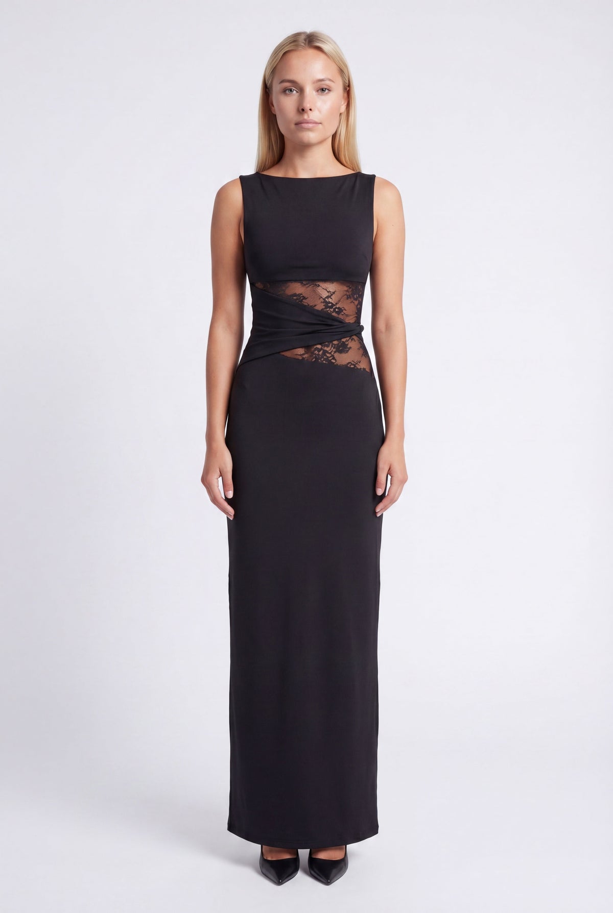 Maxi-jurk voor dames met ronde hals en kanten taille
