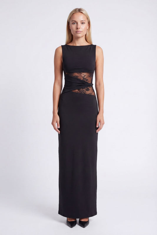 Maxi-jurk voor dames met ronde hals en kanten taille