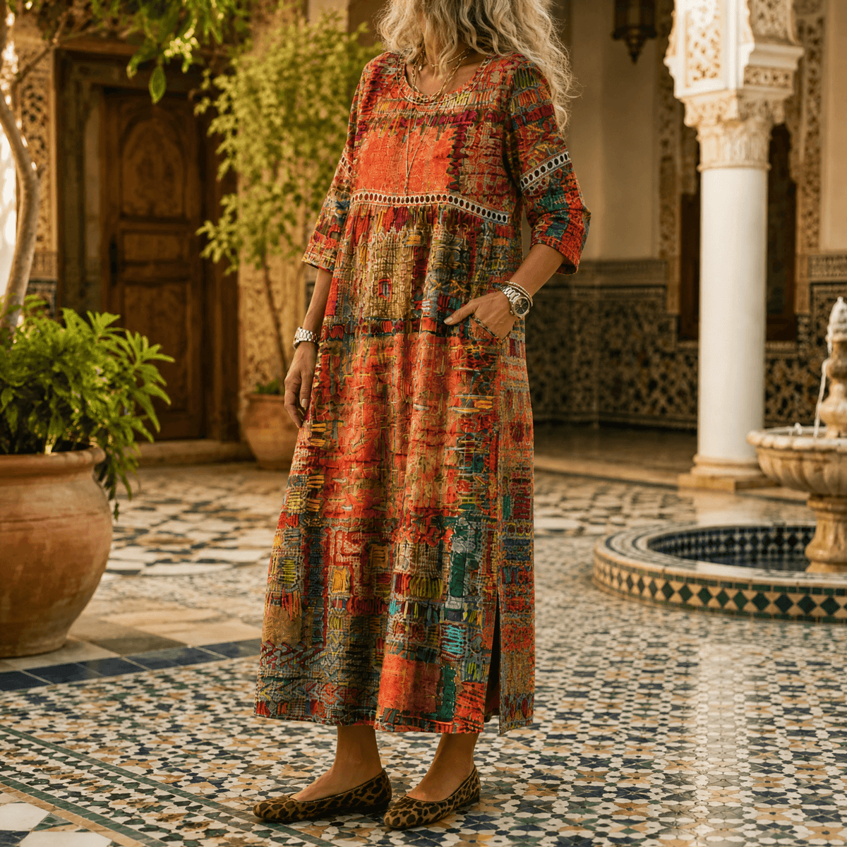 Midi-jurk met schilderachtige patchworkprint