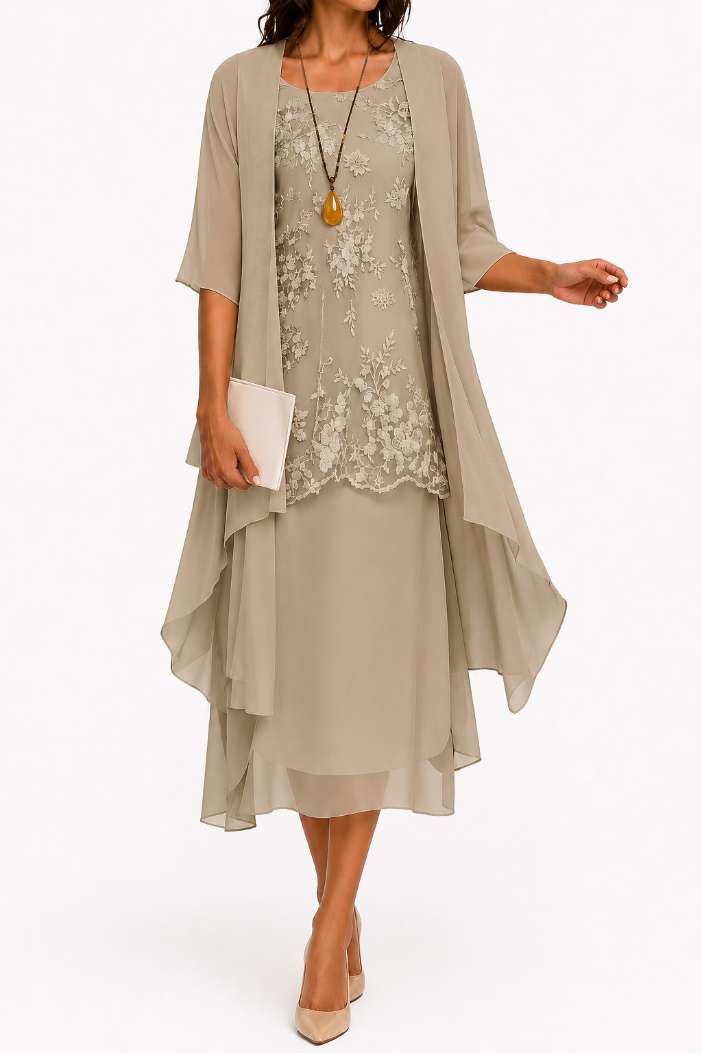 Midi-jurk voor dames voor bruiloftsgasten met boothals, 3/4-mouwen en bloemendessin