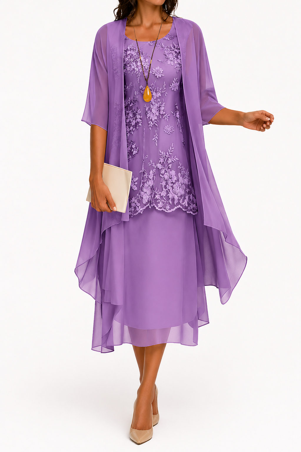 Midi-jurk voor dames voor bruiloftsgasten met boothals, 3/4-mouwen en bloemendessin