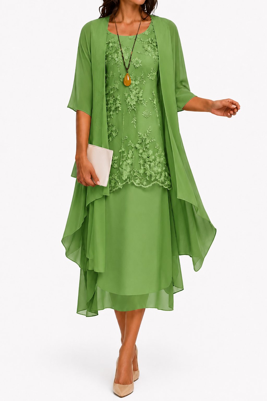 Midi-jurk voor dames voor bruiloftsgasten met boothals, 3/4-mouwen en bloemendessin