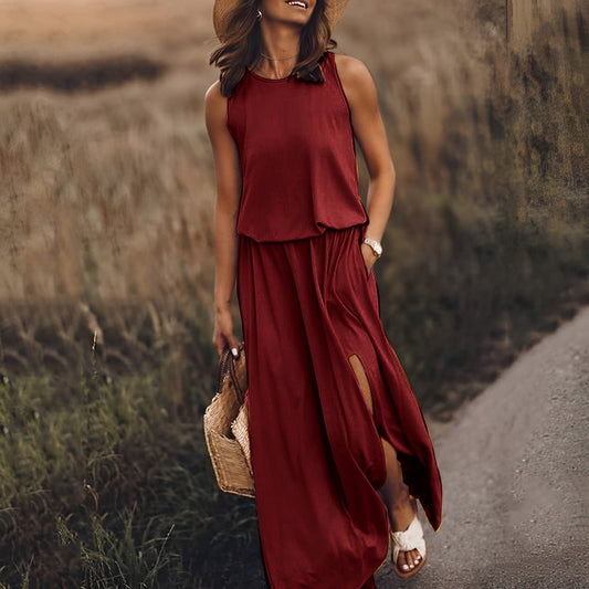 Mouwloze blouson-maxi-jurk voor dames met ronde hals en zijsplit