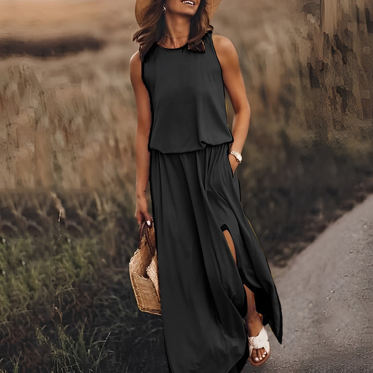 Mouwloze blouson-maxi-jurk voor dames met ronde hals en zijsplit