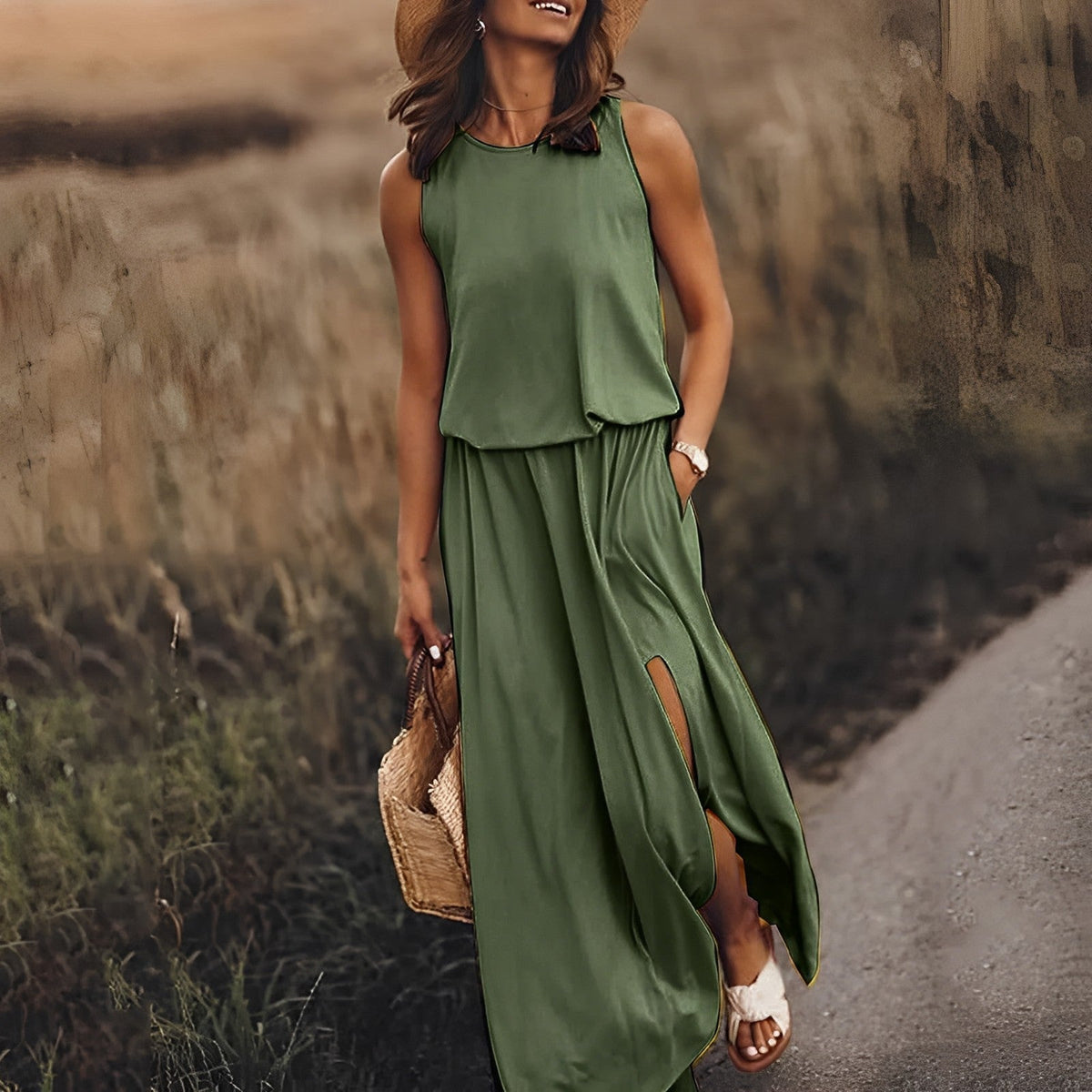 Mouwloze blouson-maxi-jurk voor dames met ronde hals en zijsplit