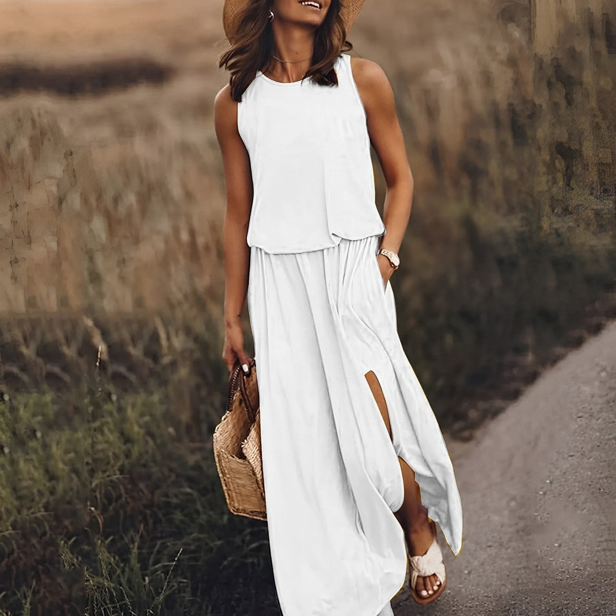 Mouwloze blouson-maxi-jurk voor dames met ronde hals en zijsplit