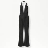 Mouwloze damesjumpsuit met brede pijpen en diepe V-hals