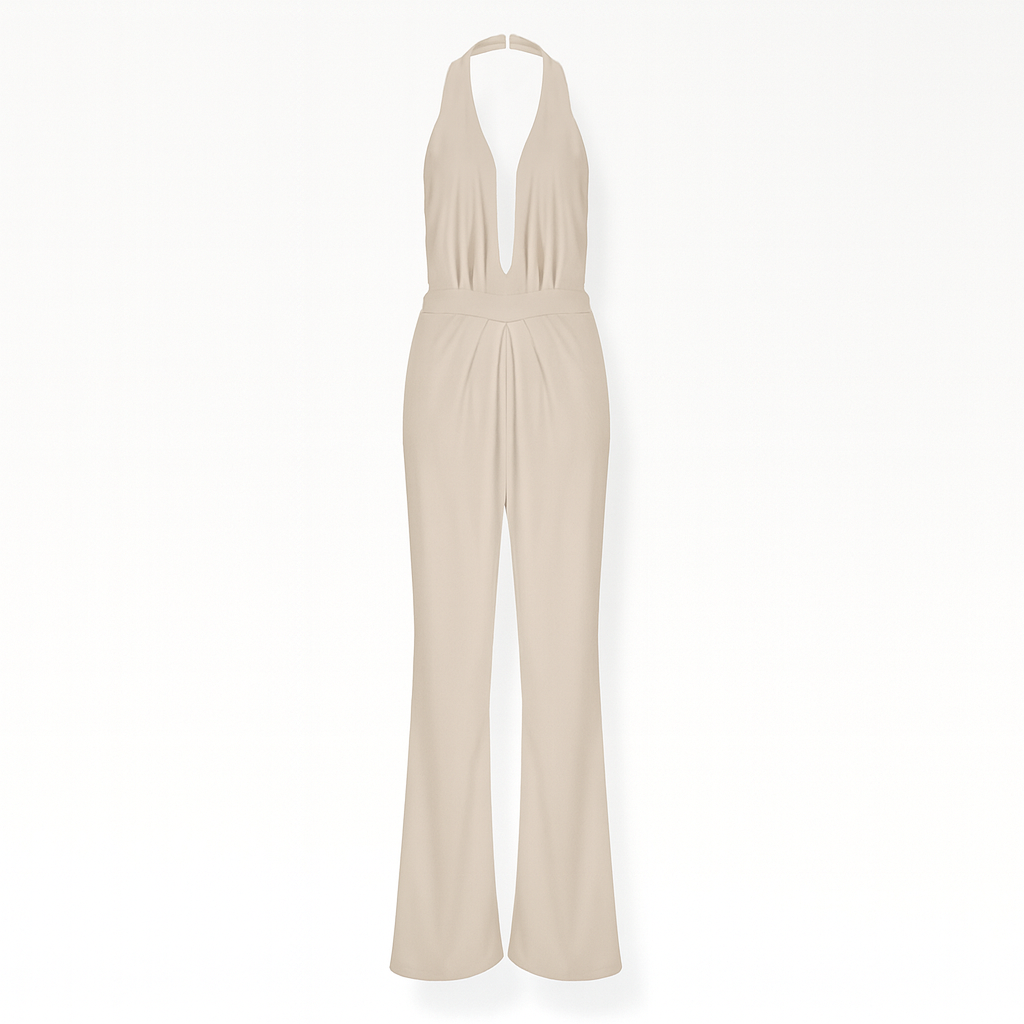 Mouwloze damesjumpsuit met brede pijpen en diepe V-hals