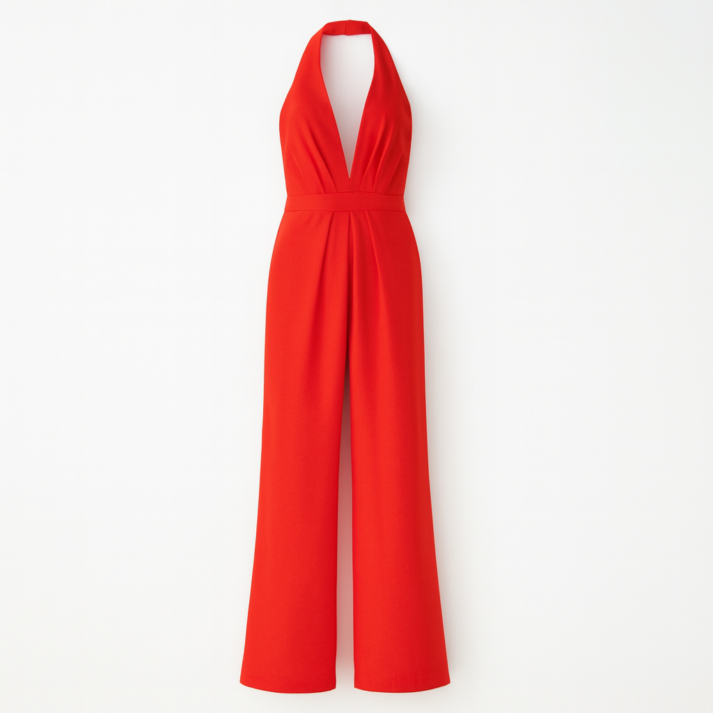 Mouwloze damesjumpsuit met brede pijpen en diepe V-hals