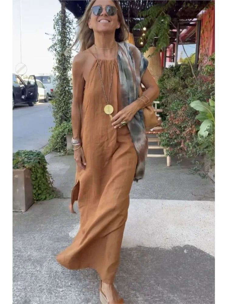 Mouwloze halter-maxi-jurk in A-lijn voor dames