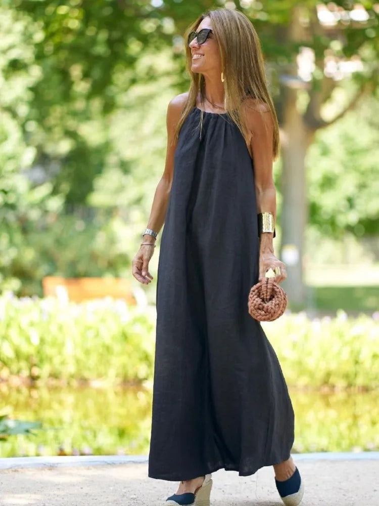Mouwloze halter-maxi-jurk in A-lijn voor dames