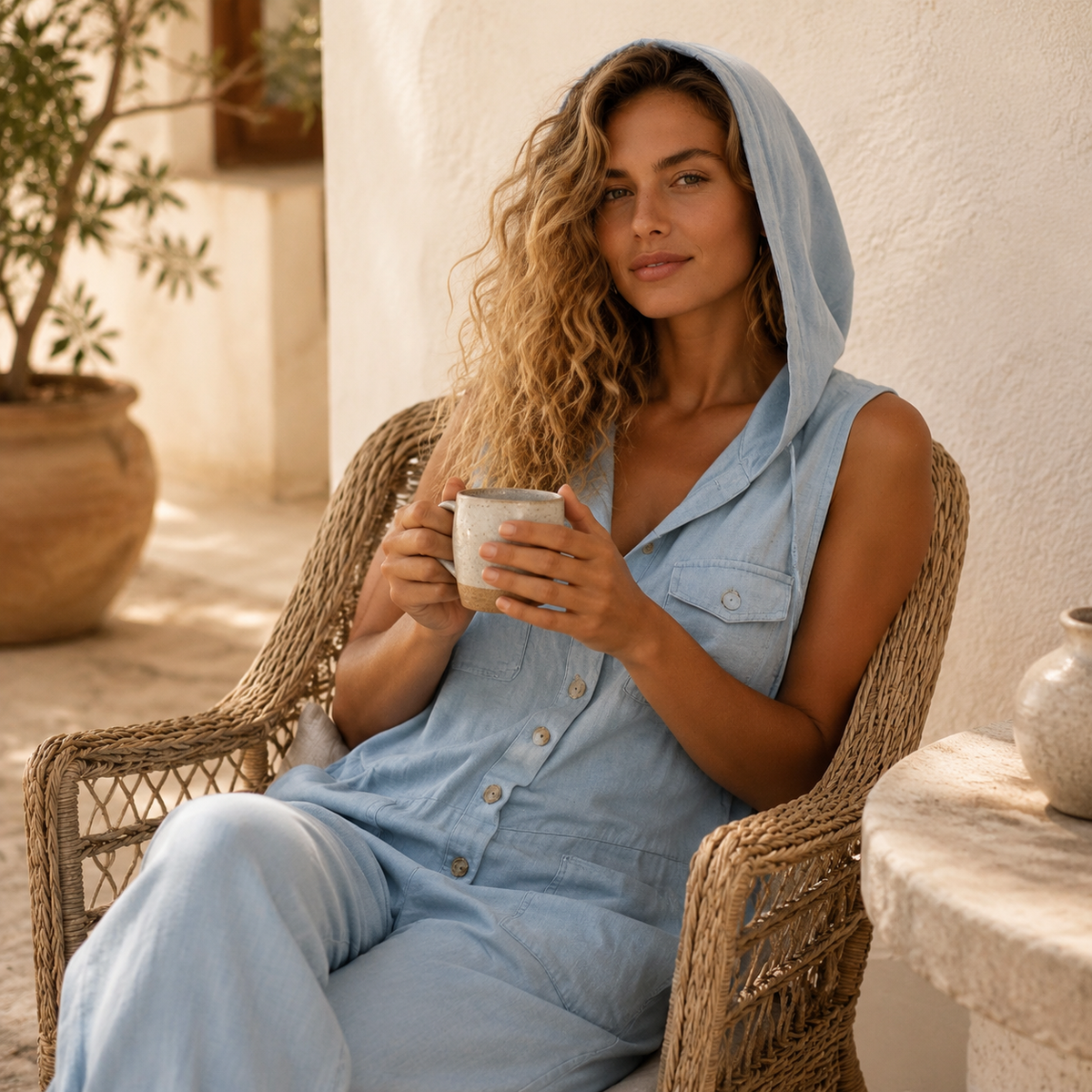 Mouwloze jumpsuit met capuchon