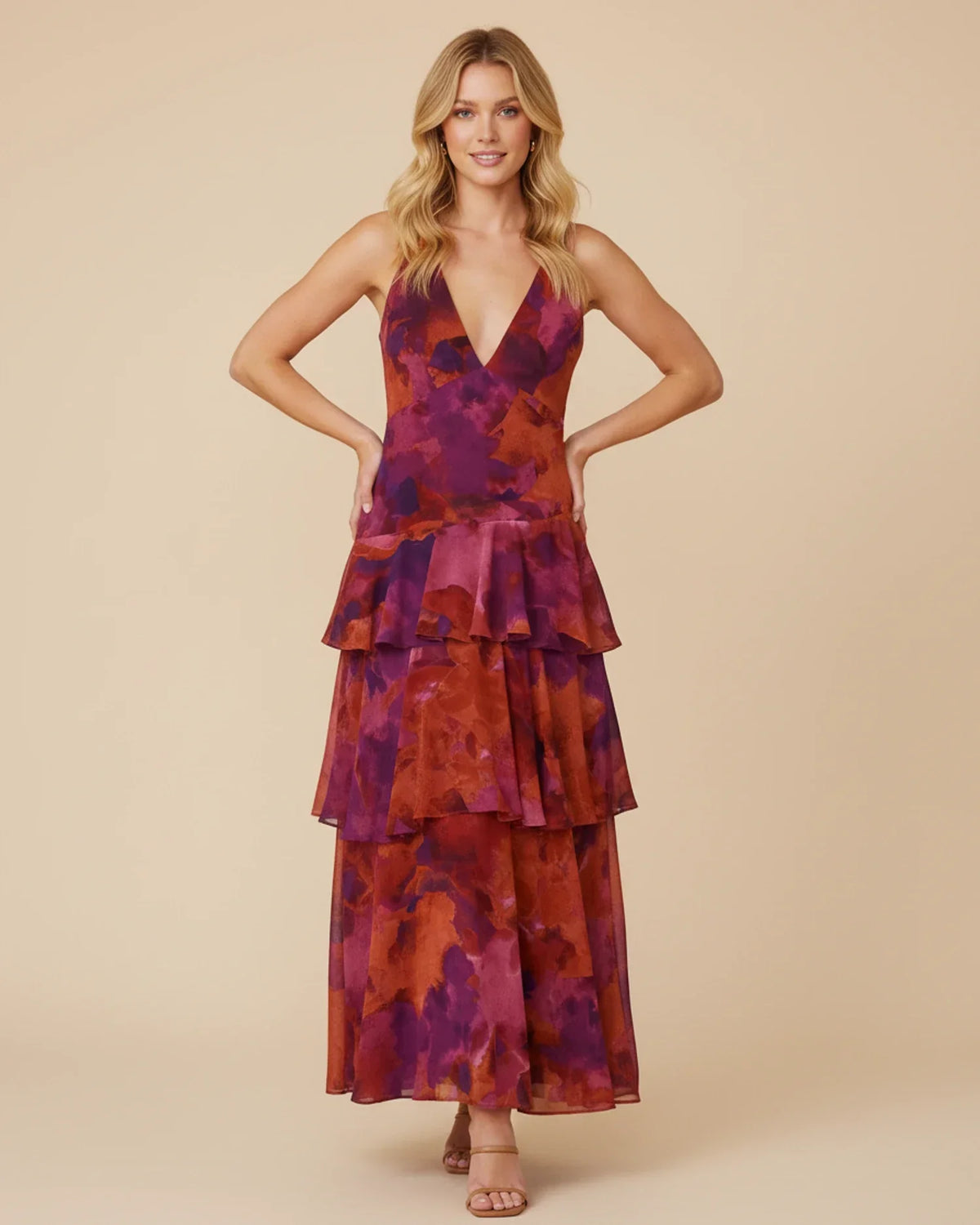 Mouwloze stroken-maxi-jurk met bloemenprint voor dames