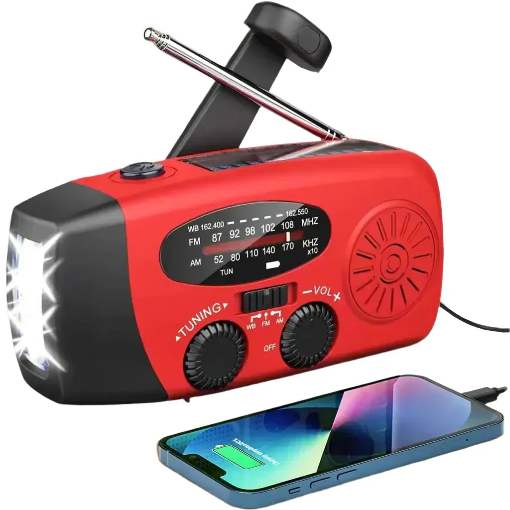Noodradio met zwengel en zonnepaneel