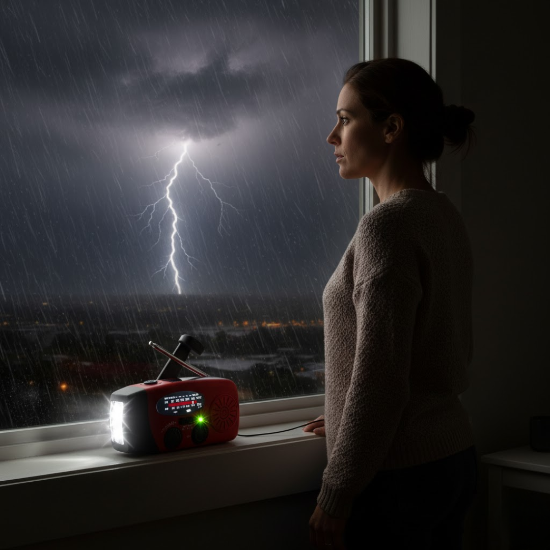 Noodradio met zwengel en zonnepaneel