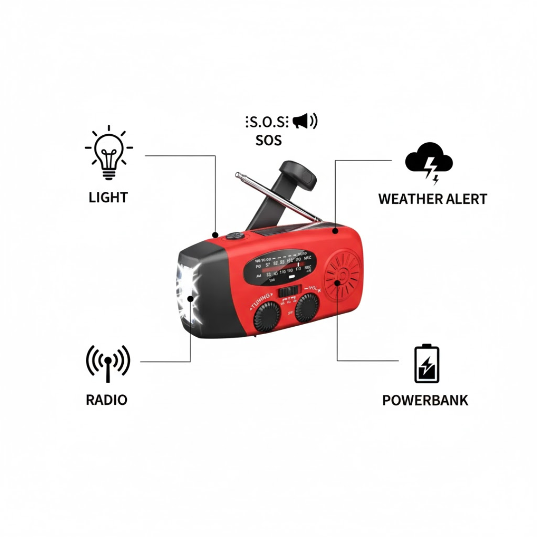 Noodradio met zwengel en zonnepaneel