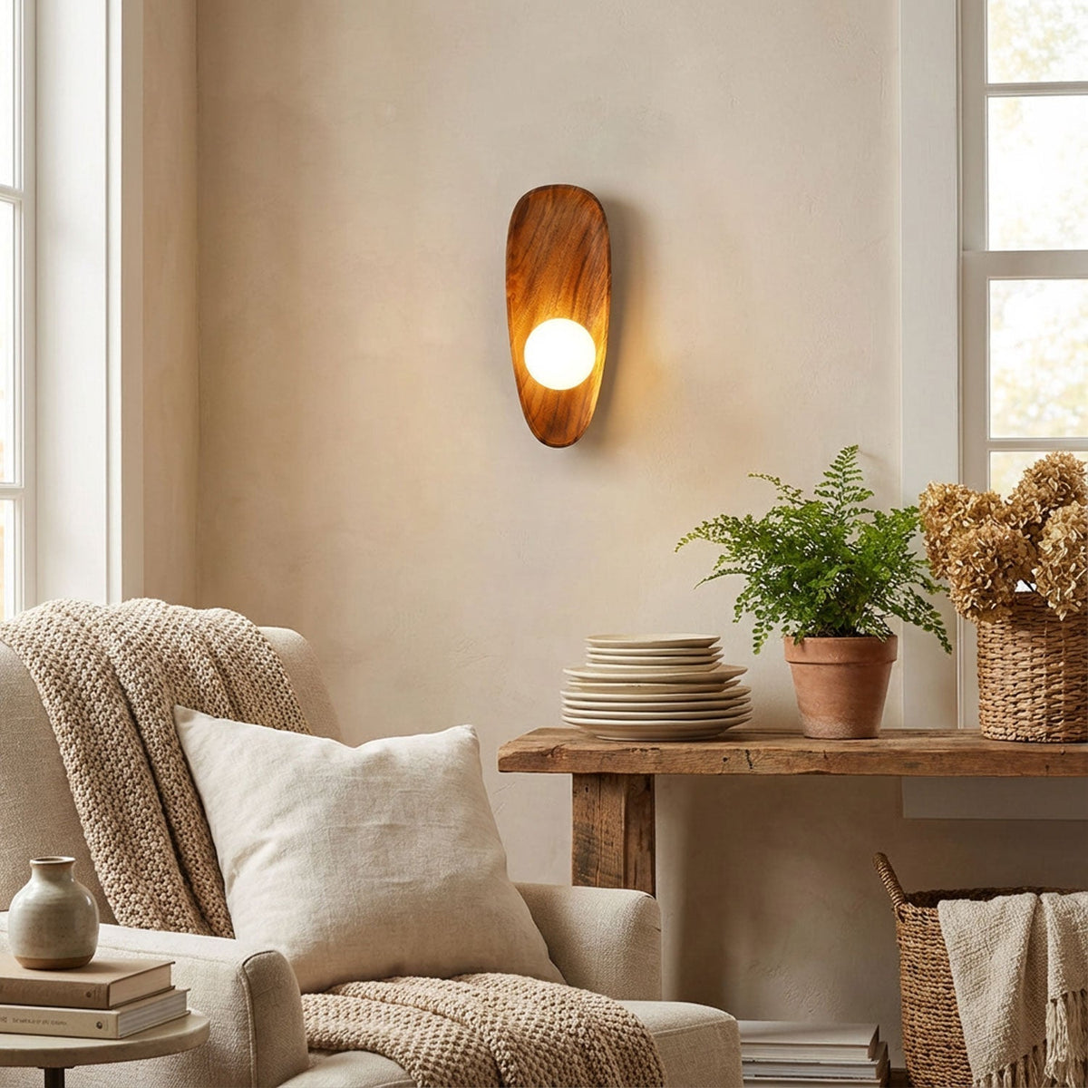 Noords minimalistische led-wandlamp met natuurhouten accent
