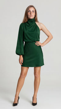 One-shoulder mini-jurk in satijnlook met asymmetrische lange mouw