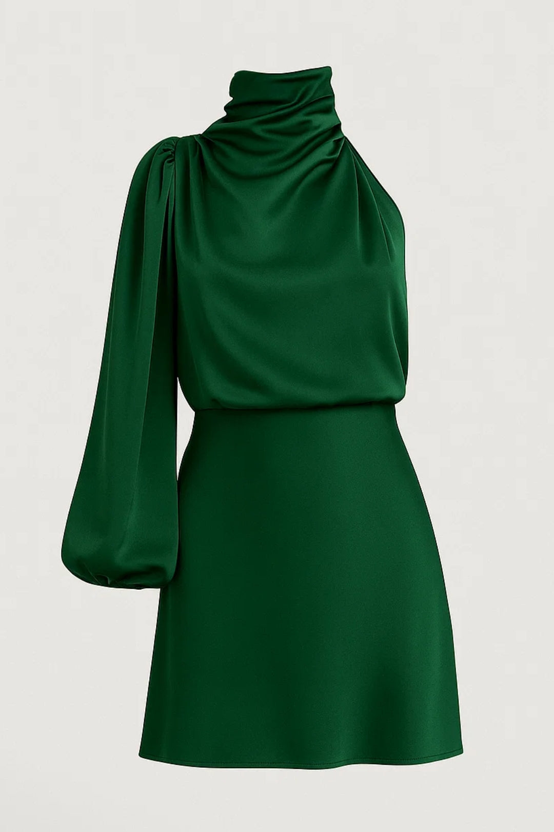 One-shoulder mini-jurk in satijnlook met asymmetrische lange mouw