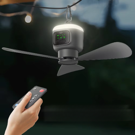 Oplaadbare outdoor plafondventilator met 12000 mAh en ledverlichting