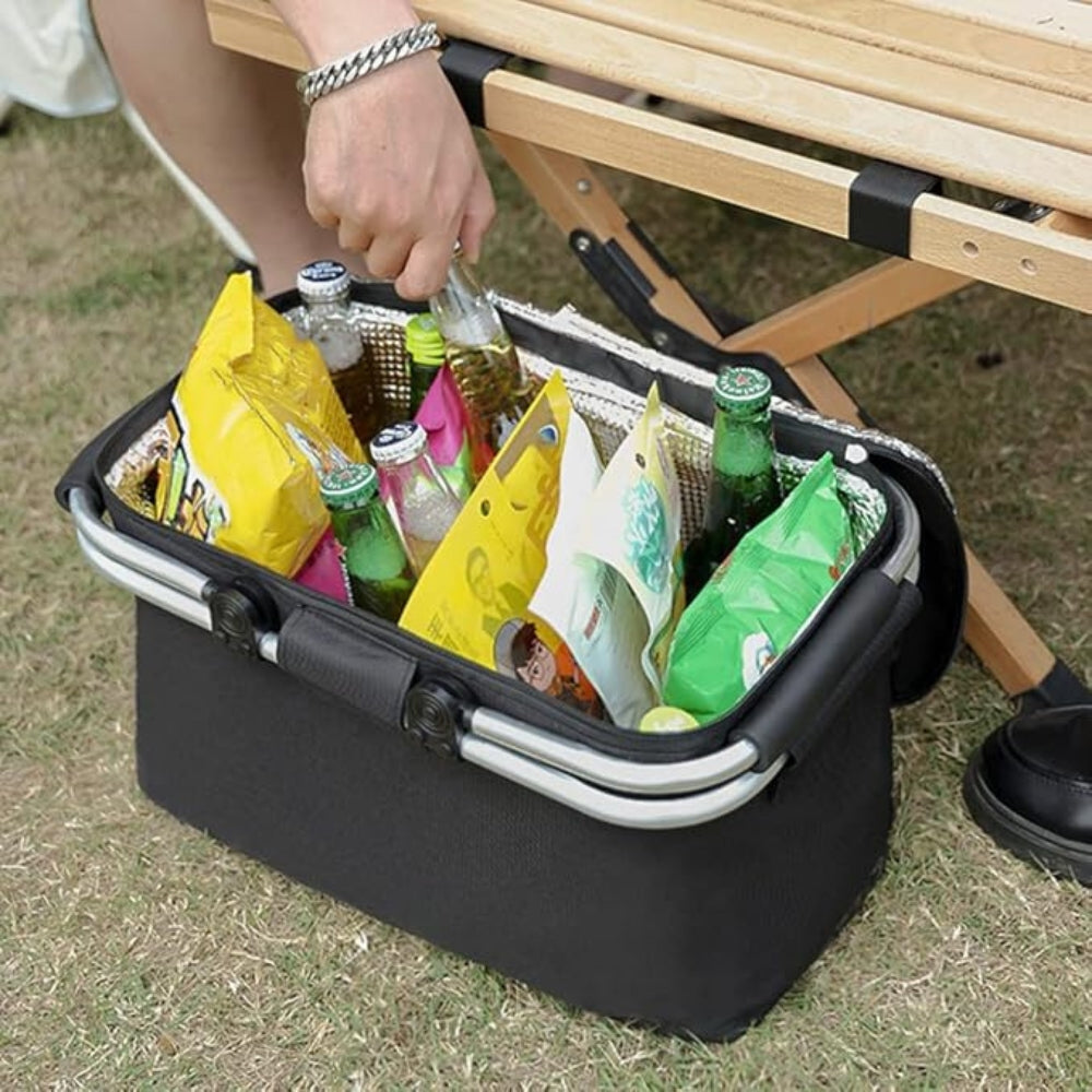 Opvouwbare Picknickmand 18L - Waterdichte Oxford Stof - Aluminium Frame - Zwart, Grijs & Blauw