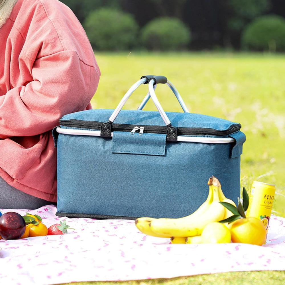 Opvouwbare Picknickmand 18L - Waterdichte Oxford Stof - Aluminium Frame - Zwart, Grijs & Blauw