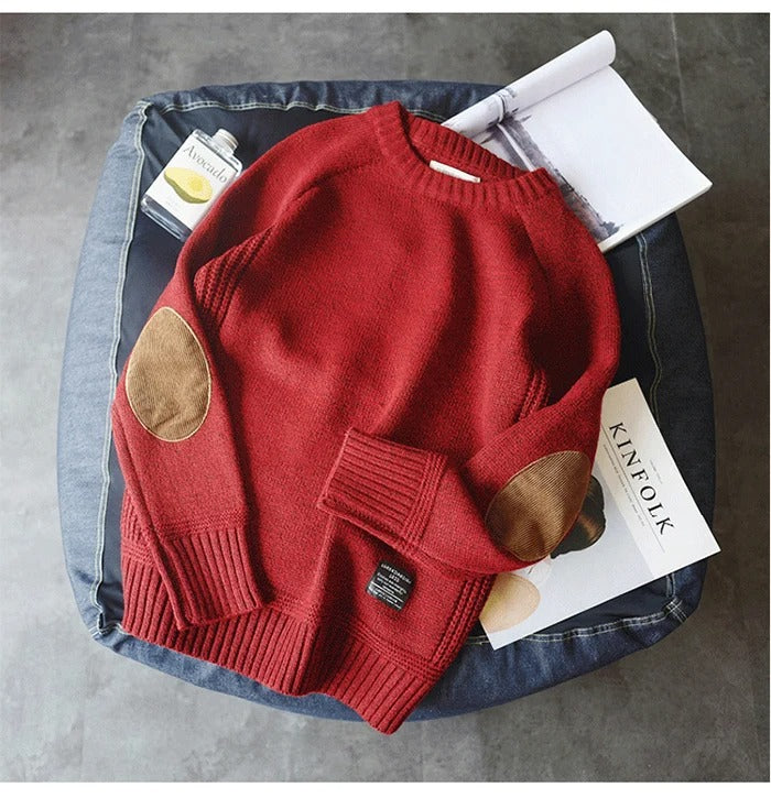 Oversized gebreide herentrui met elleboogstukken