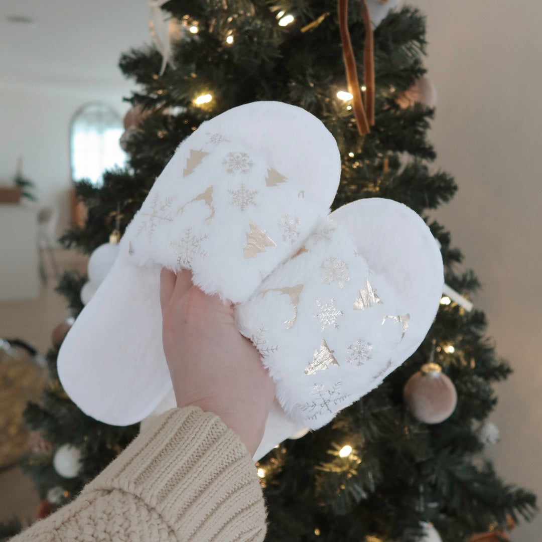 Pluche kerstpantoffels met goudglans