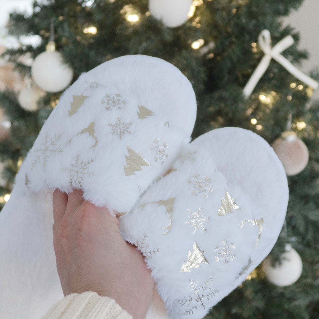 Pluche kerstpantoffels met goudglans