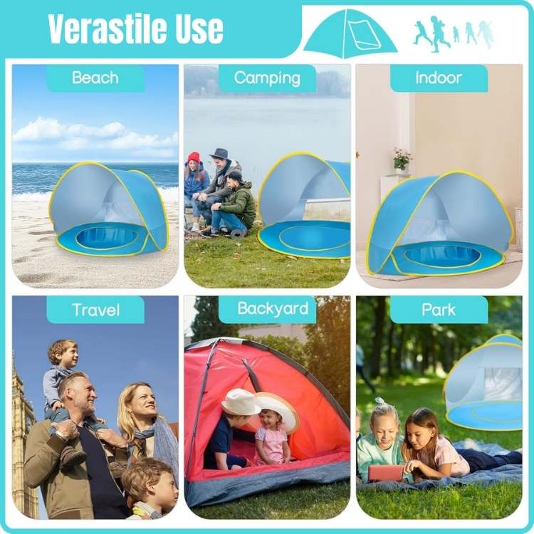 Pop-up strandtent voor baby's met ingebouwd zwembadje