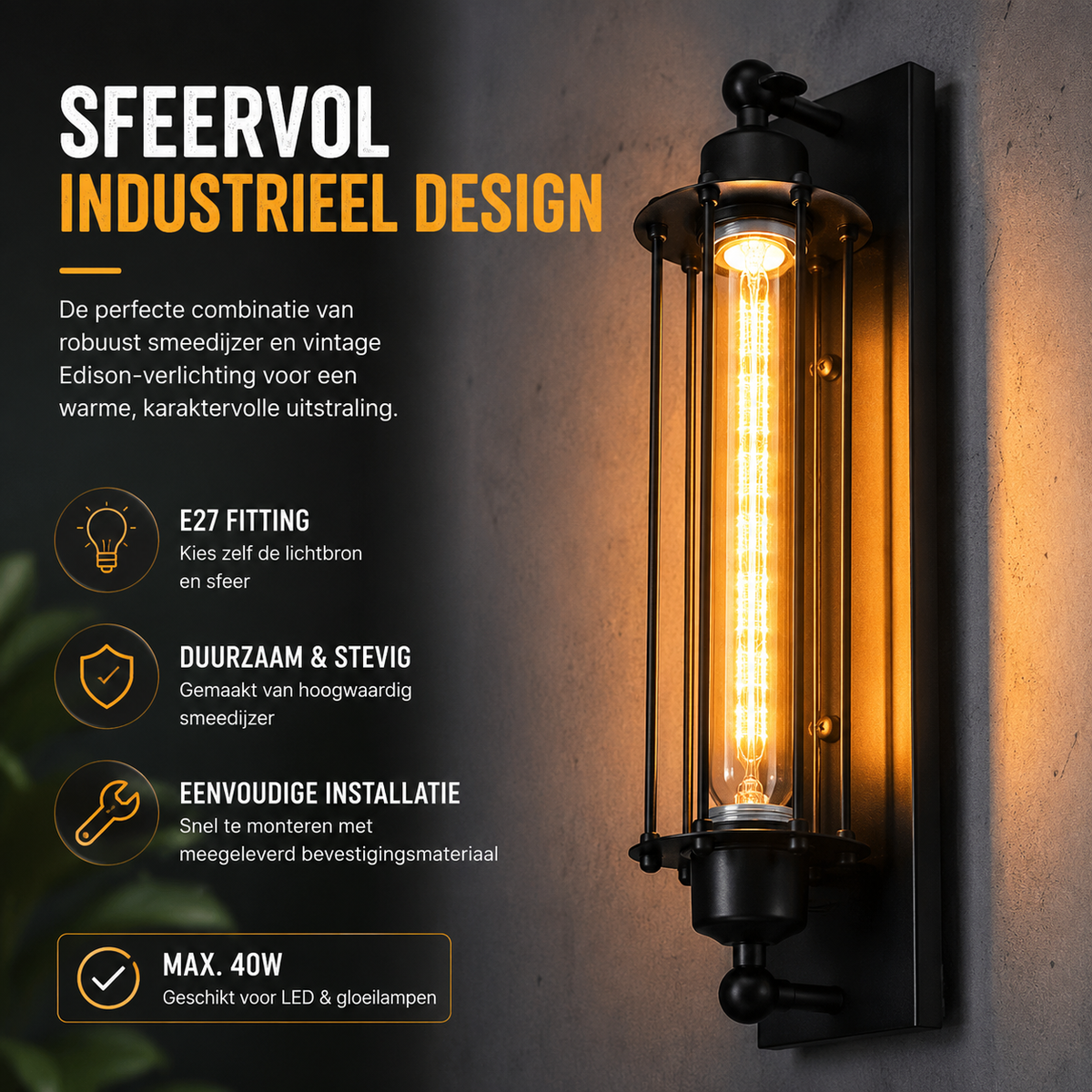 Retro industriële wandlamp E27 | Klassieke wandlamp met modern led-design voor woondecoratie