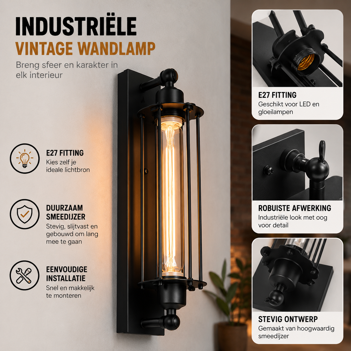 Retro industriële wandlamp E27 | Klassieke wandlamp met modern led-design voor woondecoratie