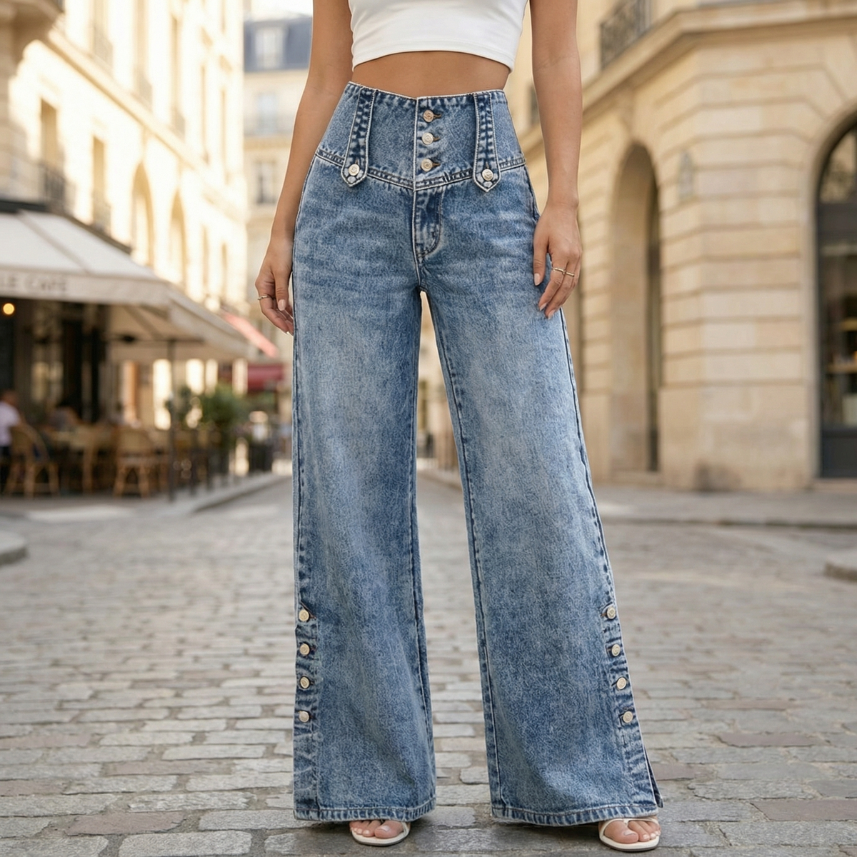 Retro wide leg jeans met knoopsluiting aan de voorkant