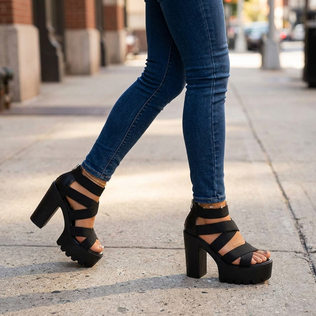 Sandalen met hak, plateauzool en gekruiste bandjes