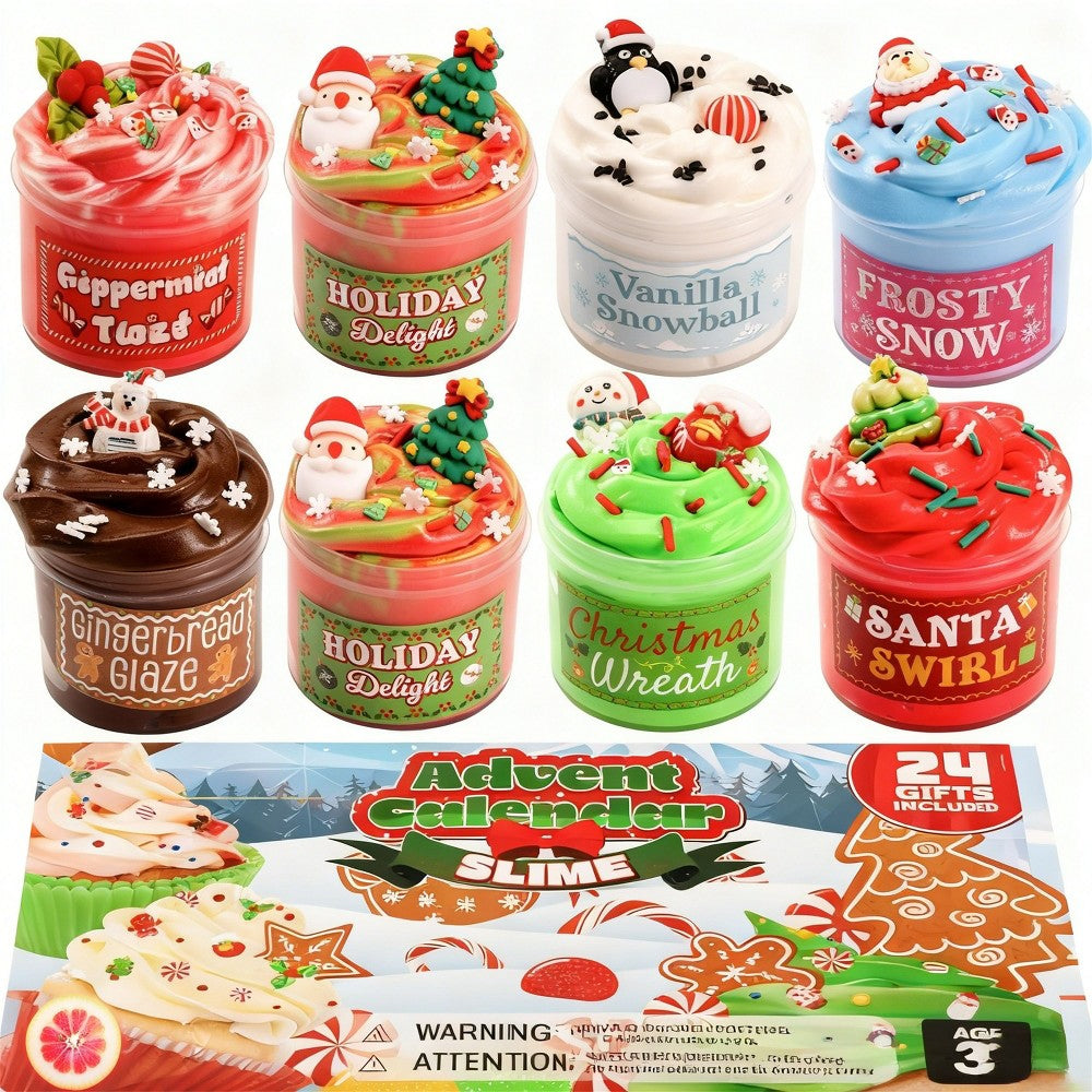 Slijm-adventsbox met 8 potjes en 16 zakjes bedeltjes en sprinkles om te mixen voor de feestdagen